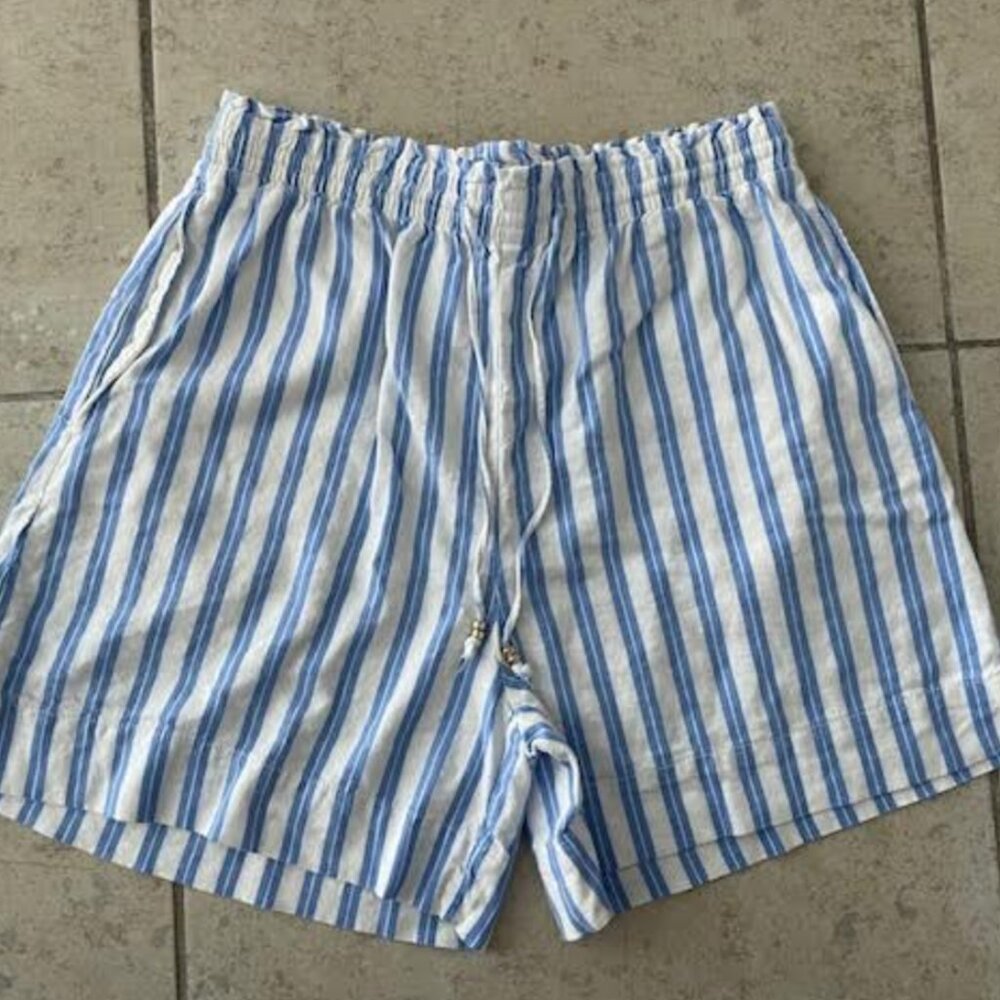 H&M Women's Linen Blend Shorts Small Stripe Blue White Drawstring NEW NWOT